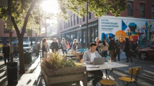 Man working on laptop at outdoor cafe on sunny day